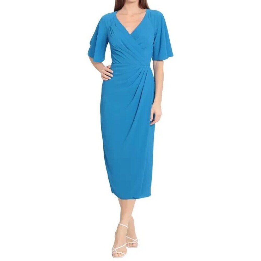 Maggy London Women's Draped Elbow-Sleeve V-Neck Midi Dress Bright Blue Size 4